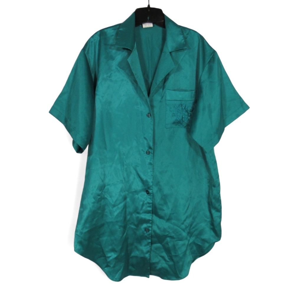 SLEEP SOLUTIONS Green SATIN Button-Up LOGO POCKET Lounge NIGHTGOWN/SHIRT Sz M